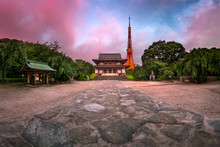 Zojo-ji Temple And Tokyo Tower In The Morning, Tokyo, Japan