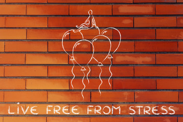 Wall Mural - live free from stress, person sitting on balloons metaphor of fe