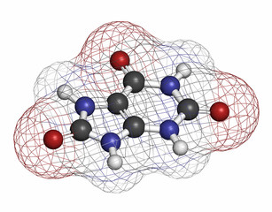 Poster - Uric acid molecule. High blood levels lead to gout disease. 