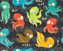 Octopuses In Cartoon Seamless Pattern