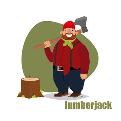 Vector illustration in a flat style lumberjack standing with an ax and stump.