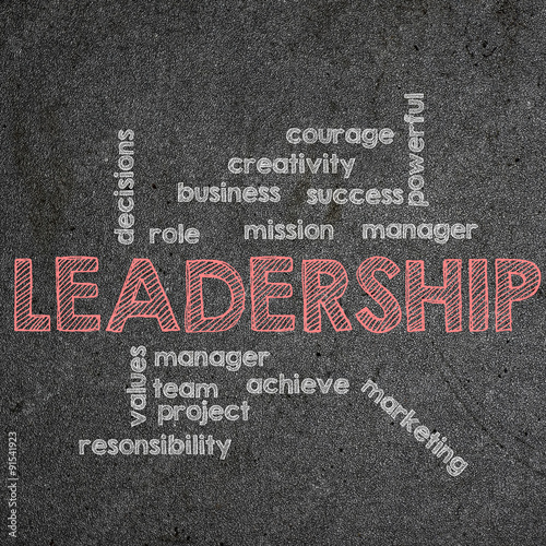 Fototapeta na wymiar Leadership word collage written on a chalkboard