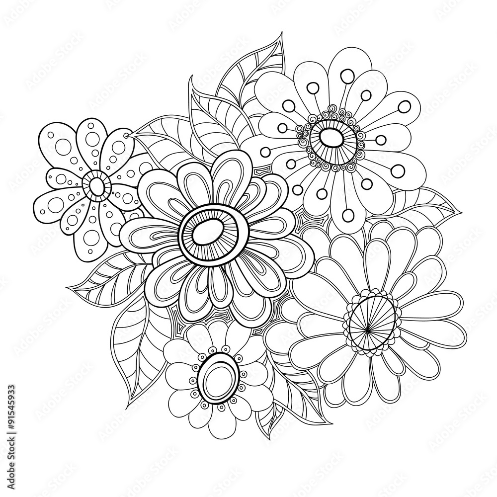Doodle art flowers. Zentangle styled hand-drawn flowers and leaves ...