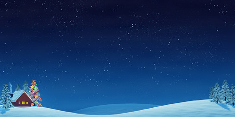 cabin and christmas tree in rolling winter landscape at night