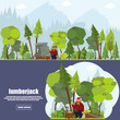 Forest landscape with woodcutter near the felled tree. banner lumberjack in a flat style. woodcutter in the forest with a felled tree illustration in a flat style.