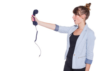 Businesswoman with blue telephone handset. Isolated on white bac