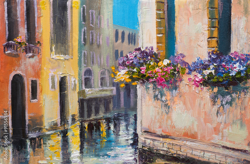 Tapeta ścienna na wymiar colorful oil painting - roofs of houses, European street, art impressionism