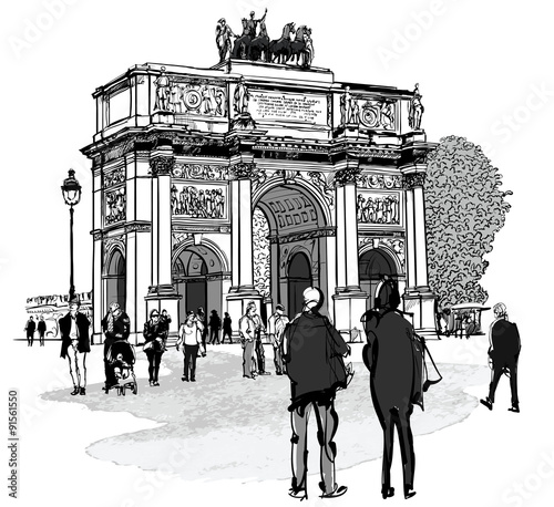 Naklejka - mata magnetyczna na lodówkę Arch of triumph Carousel and Tuileries garden in Paris