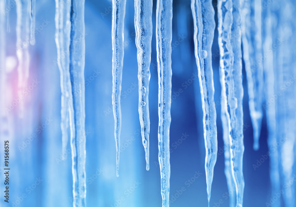 Background of bright transparent icicles in the sunlight - obrazy, fototapety, plakaty 