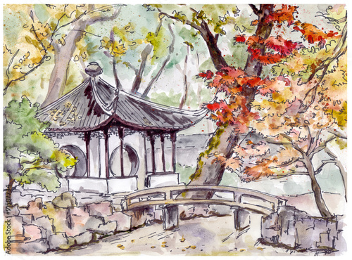 Fototapeta na wymiar Chinese garden with bridge and pagoda pavilion in Suzhou , China