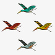 Set of vintage colorful hand drawn style flying birds isolated on grey, editable eps 10