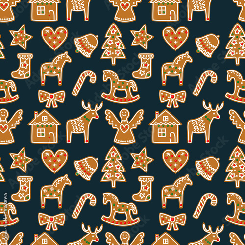 Stoffe zum Nähen Nahtlose Muster mit Weihnachten Lebkuchen - Weihnachtsbaum, Zuckerstange, Engel, Glocke, Socke, Lebkuchenmänner, Sterne, Herzen, Hirsch, Schaukelpferd. Winter Urlaub Vektor design Xmas Hintergrund.
