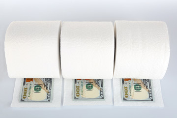 Wall Mural - White rolls of toilet paper and dollar banknotes isolated on white