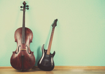 Canvas Print - Musical instruments on turquoise wallpaper background