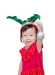 Wall Mural - Little Asian girl in santa claus costume over white background