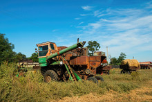Old Rusty Russian Harvester Combine, Established Near Rostov - On - Don.