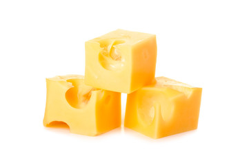 three dice yellow cheese with holes in isolation