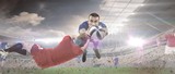 Fototapeta Sport - Composite image of a rugby player scoring a try
