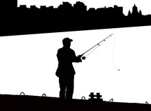 Silhouette Of Fisherman With Fishing Rod On Pier Fishing On Background Of Night City Black And White