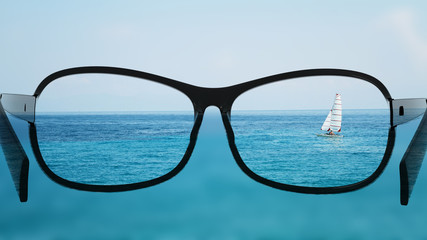 Put the glasses for the different, better view. Looking at the boat in the sea, ocean.