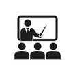 The training icon. Teacher and learner, classroom, presentation, conference, lesson, seminar, education symbol. Flat