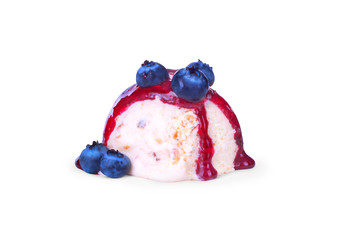  ice-cream dessert topped with  blueberries syrup  on a white ba