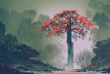 Lonely Red Autumn Tree With Falling Leaves In Winter Forest,landscape Painting