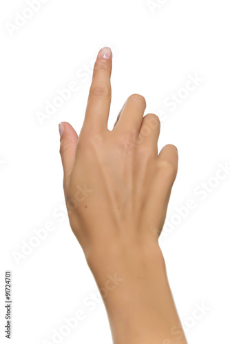 Foto Frau Hand zeigt nach oben mit dem Zeigefinger