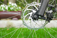 Metal disc brake detail on mountain bicycle