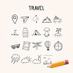 Wall Mural - Universal Set of Doodle Icons, travel hand drawn objects