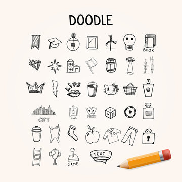 Set of doodle icons, hand-drawn objects