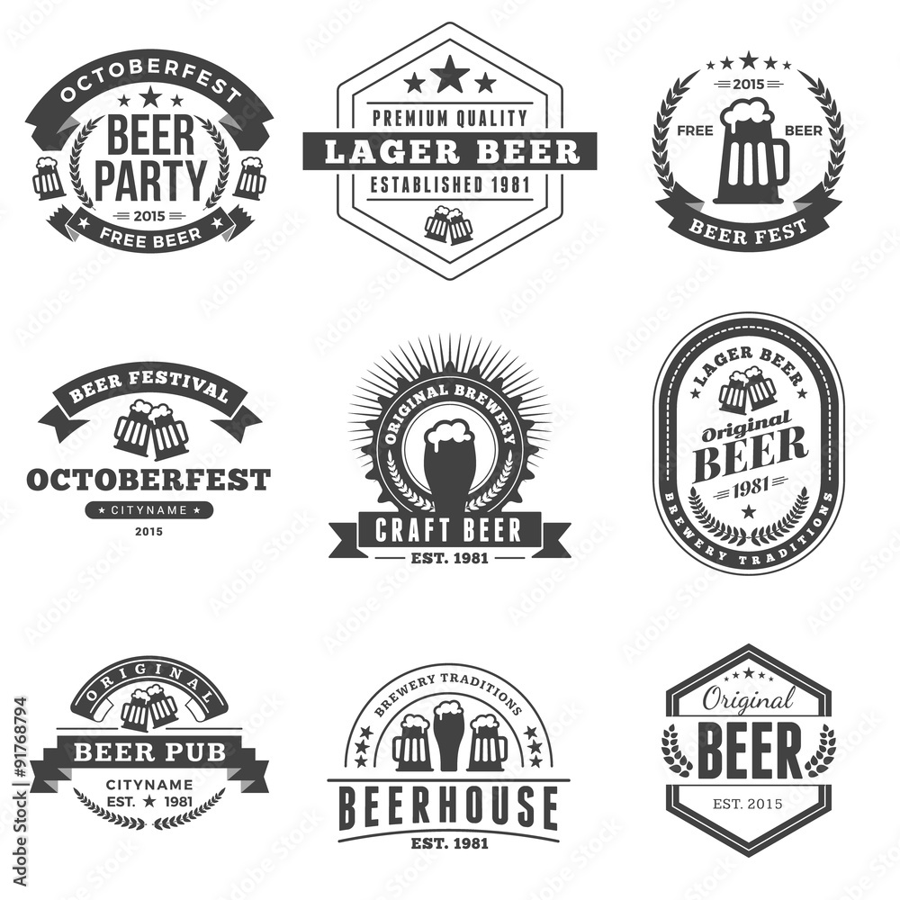 Set of Retro Vintage Beer Badges, Labels, Logos. Black and White Vector ...