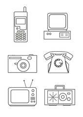 Icon set of retro electronics devices in contour