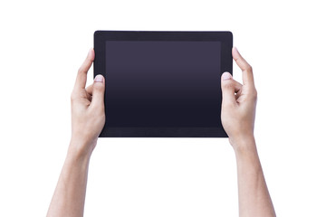 Isolate Woman hands holding tablet blank screen over isolate background concept use for responsive reading tools and communication pro gadget. device touch screen horizontal view