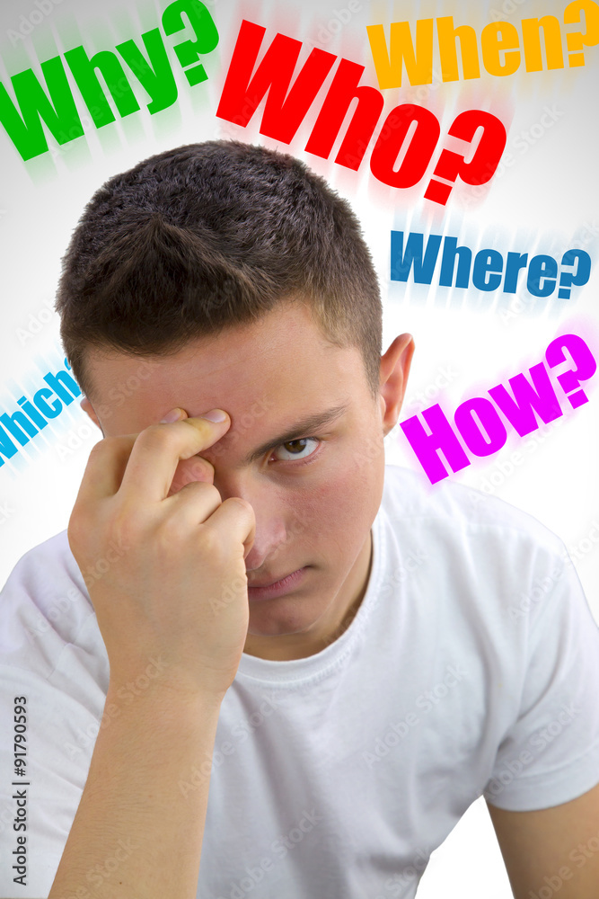 Handsome teenager asking himself Why? Who? Where? How? What? Whi Stock ...