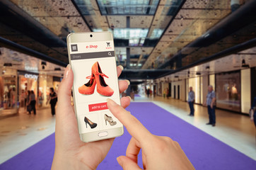 Poster - online shopping with smart phone in woman hand