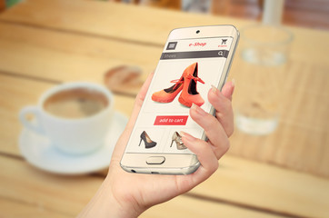 Poster - online shopping with smart phone in woman hand