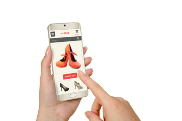 Poster - online shopping with smart phone in woman hand