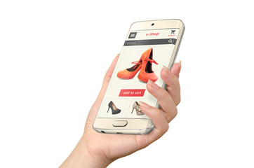 Poster - online shopping with smart phone in woman hand