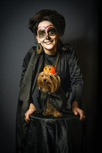 Portrait Of Woman And Dog In Disguise For Halloween