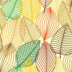 Poster - Colorful autumnal outline leaves seamless pattern