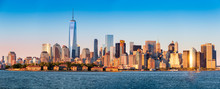 Downtown New York Skyline Panorama With Ellis Island In The Foreground