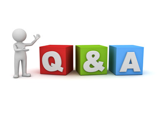 Poster - 3d man standing and presenting Q and A word questions and answers concept isolated over white background