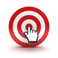Aufkleber - Hand cursor clicking in the center of the red dart board or target isolated over white background