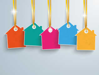 Wall Mural - 5 Colored Price Sticker Houses Golden Ribbons