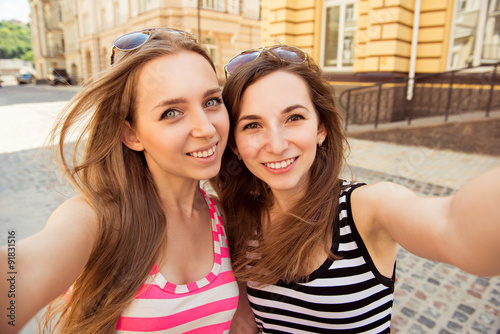 Friends Making Selfie Two Beautiful Young Women Making Selfie P Stock