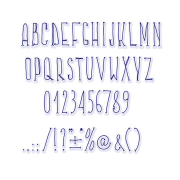 Type letters, numbers and punctuation marks Hand drawin alphabet