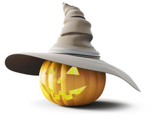 Halloween Pumpkin Glowing In A Hat On A White Background
