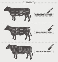 Cuts Of Beef. American, English And French Method. Vector Vintage Monochrome Illustration On A Gray Background.