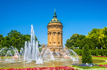 Poster - Fountain and Water Tower on Friedrichsplatz square in Mannheim -